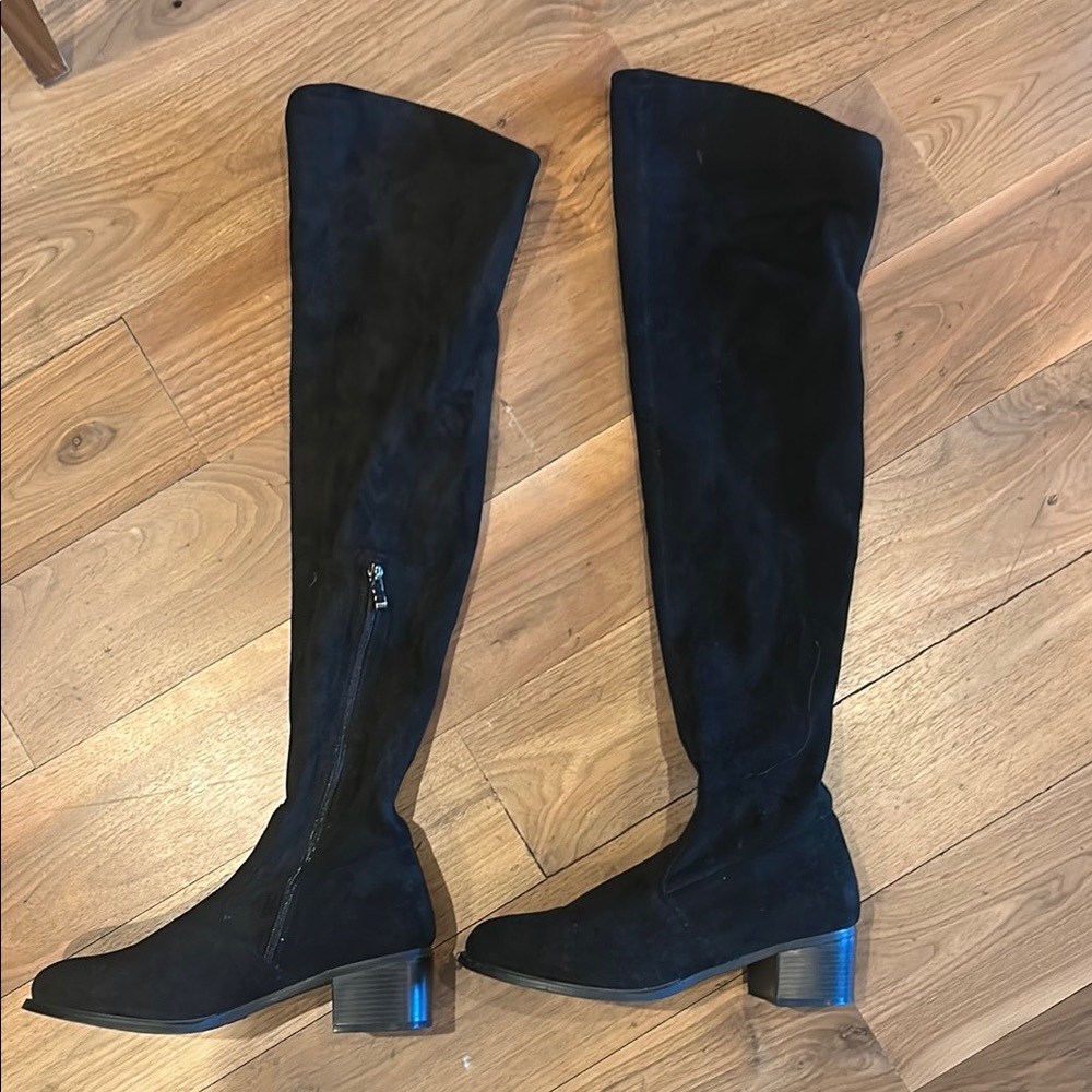 Black Thigh sock boots chunky heel